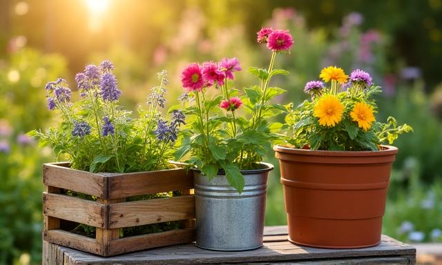 Upcycling-Dekoration in einem sonnigen Garten
